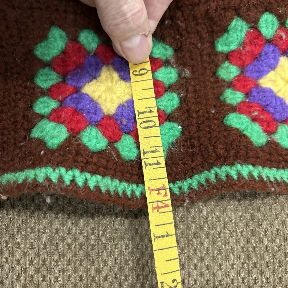 Vtg 70s Brown Multicolor Flower Square Afghan Blanket Granny Crochet Throw 48x60